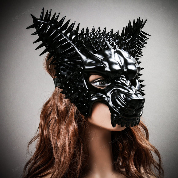 Angry Wolf Steampunk Spike Masquerade Mask - Black - Picture 4 of 10
